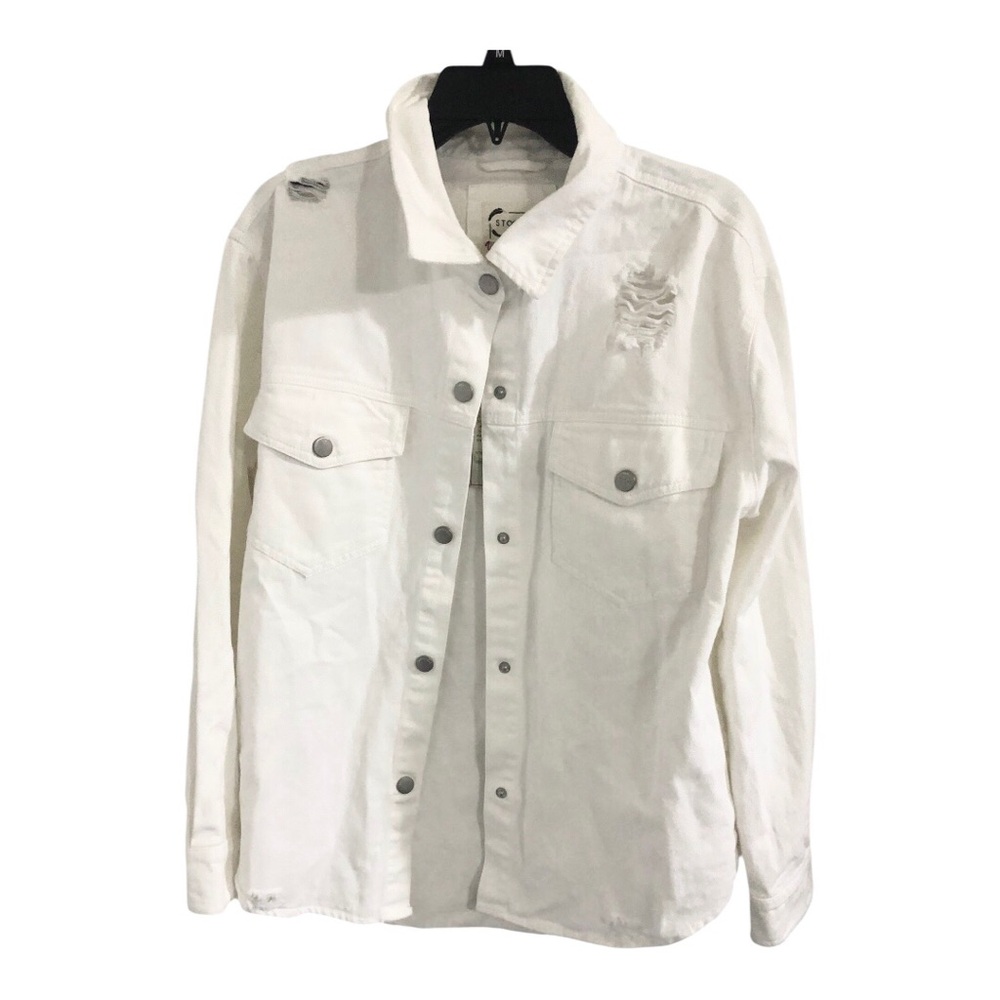 Stoosh off white bone distressed snap button front denim shacket size medium new